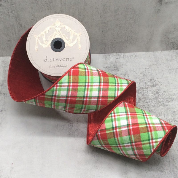 4" Dupion Diagonal Jackson Plaid Red Back, Red Apple Green White