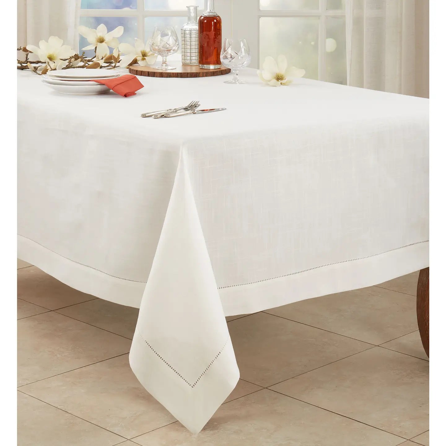 70" x 140" Ivory Tablecloth with Hemstitched Border