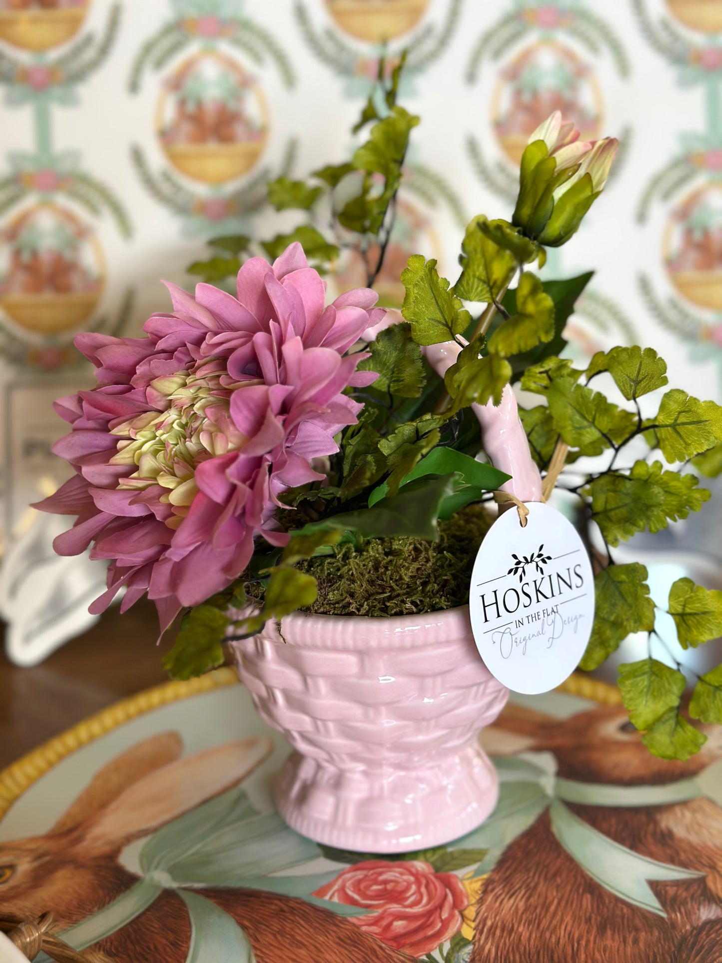 Ceramic Pink Basket with Peony