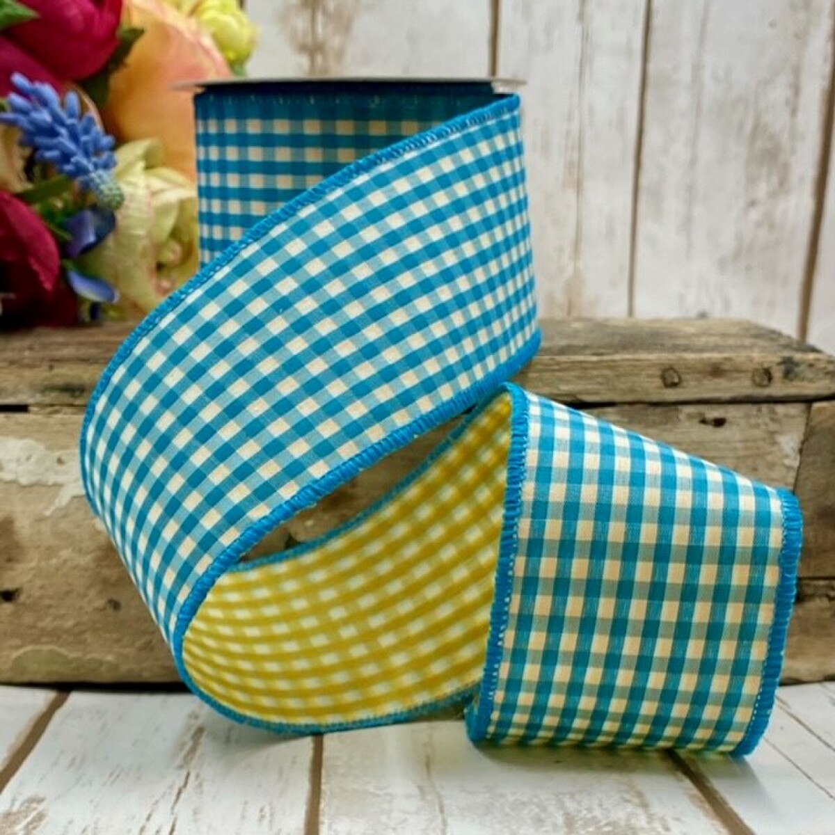 2.5"x10Y poplin gingham, teal blue golden yellow back