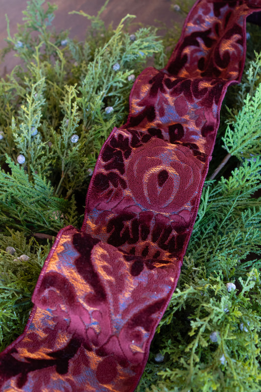 4" Jacquard Acanthus Leaves Ribbon, Dark Red