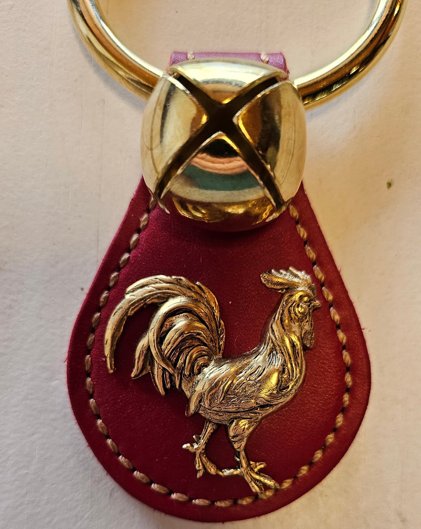 Large Ring Brass Plated Teardrop- Red w/ Rooster