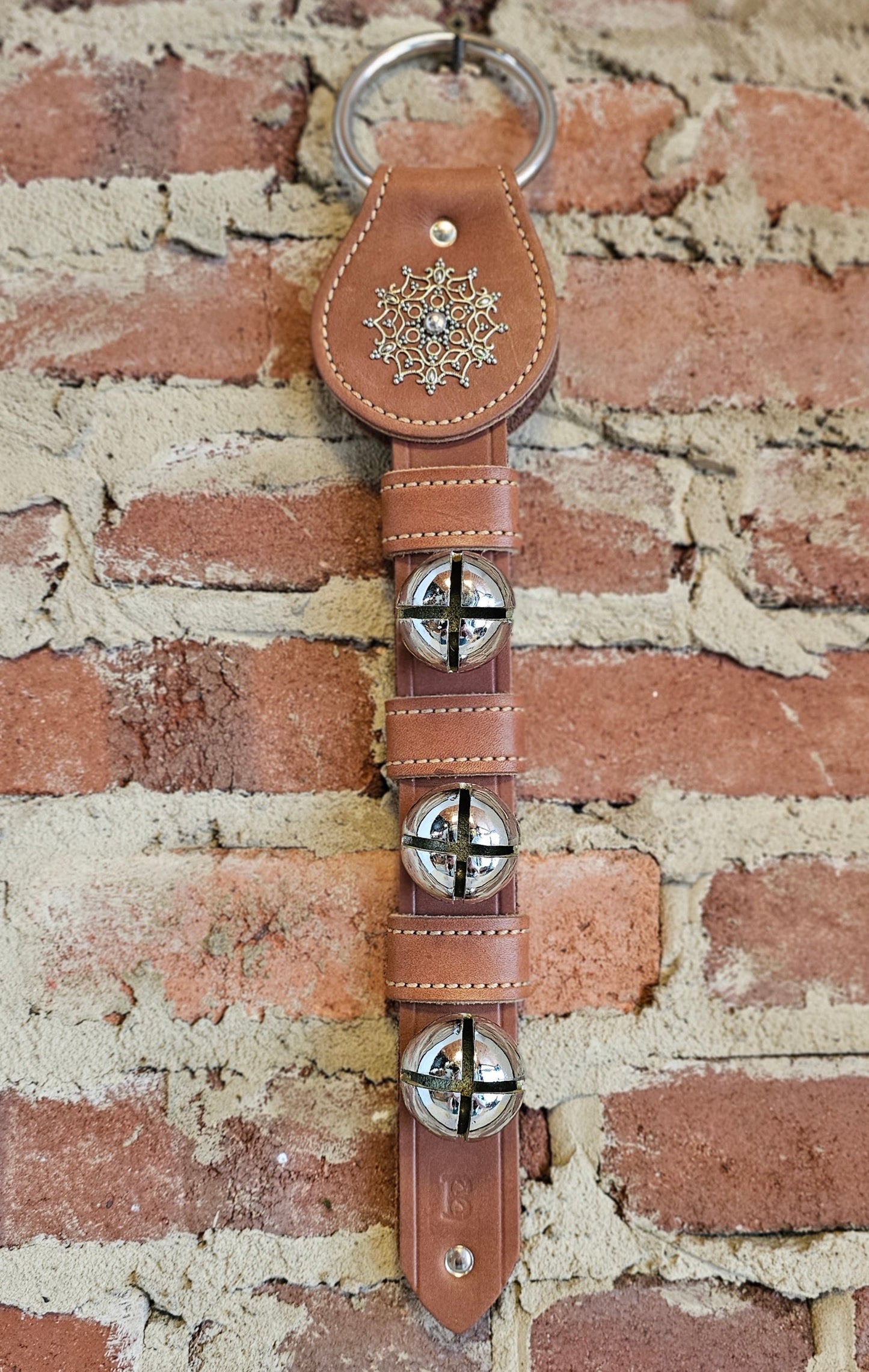 3 Solid Brass Belsnickel Bells (Chrome Finish) on Taupe Strap w/ Large Ring - Snowflake Charm