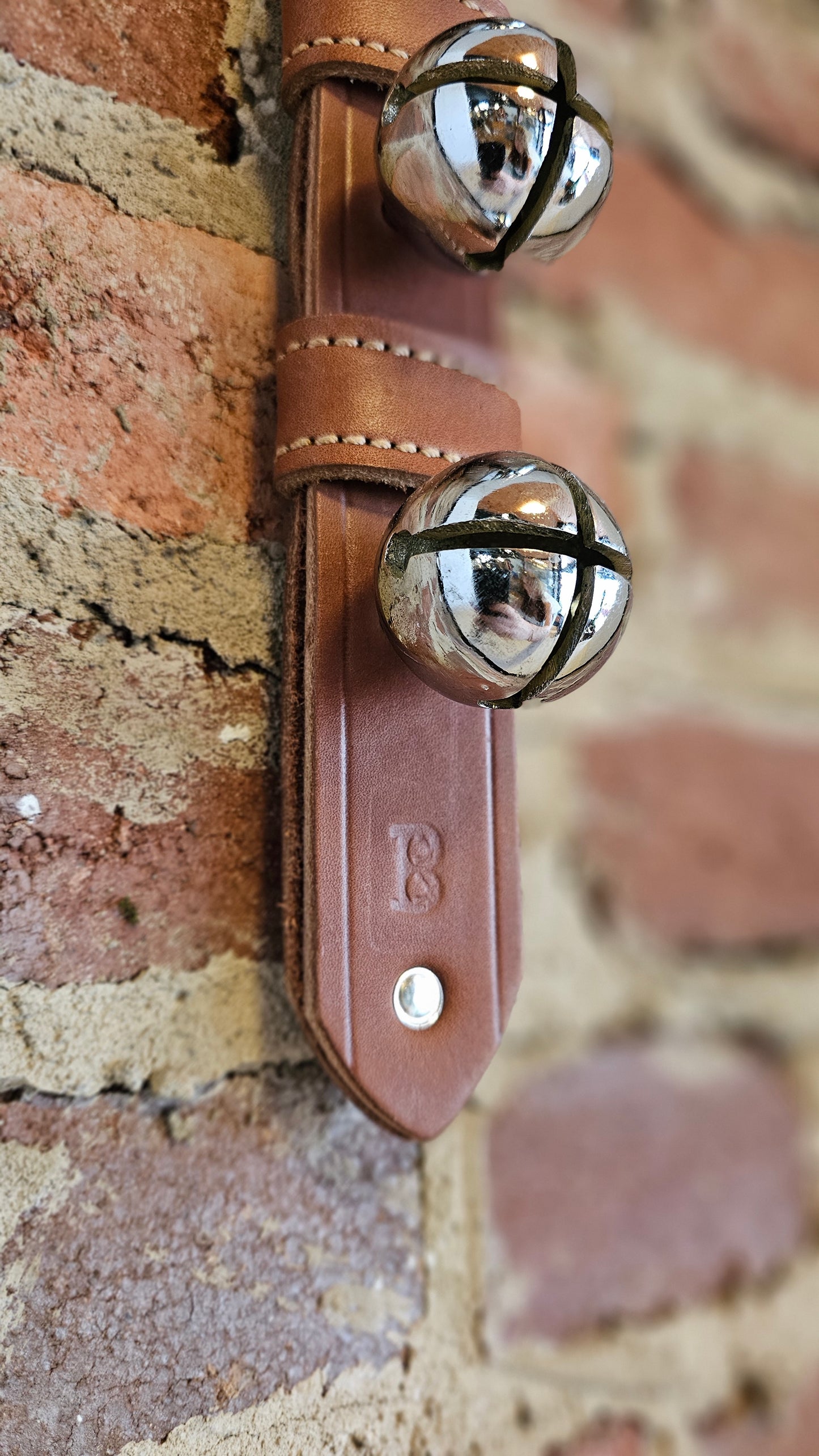 3 Solid Brass Belsnickel Bells (Chrome Finish) on Taupe Strap w/ Large Ring - Snowflake Charm