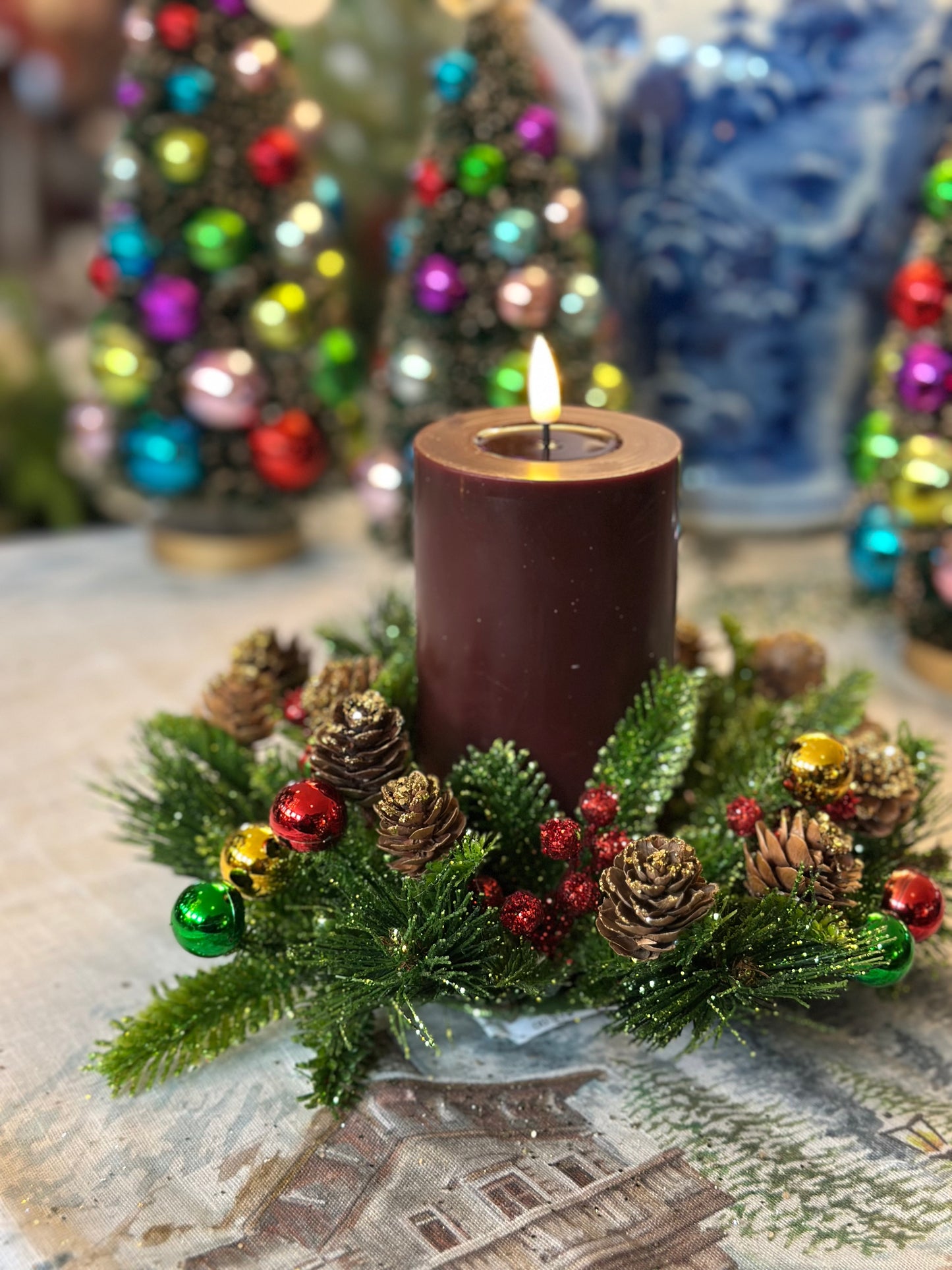 4" Ball Candle Ring- Pine & Glitter Berry