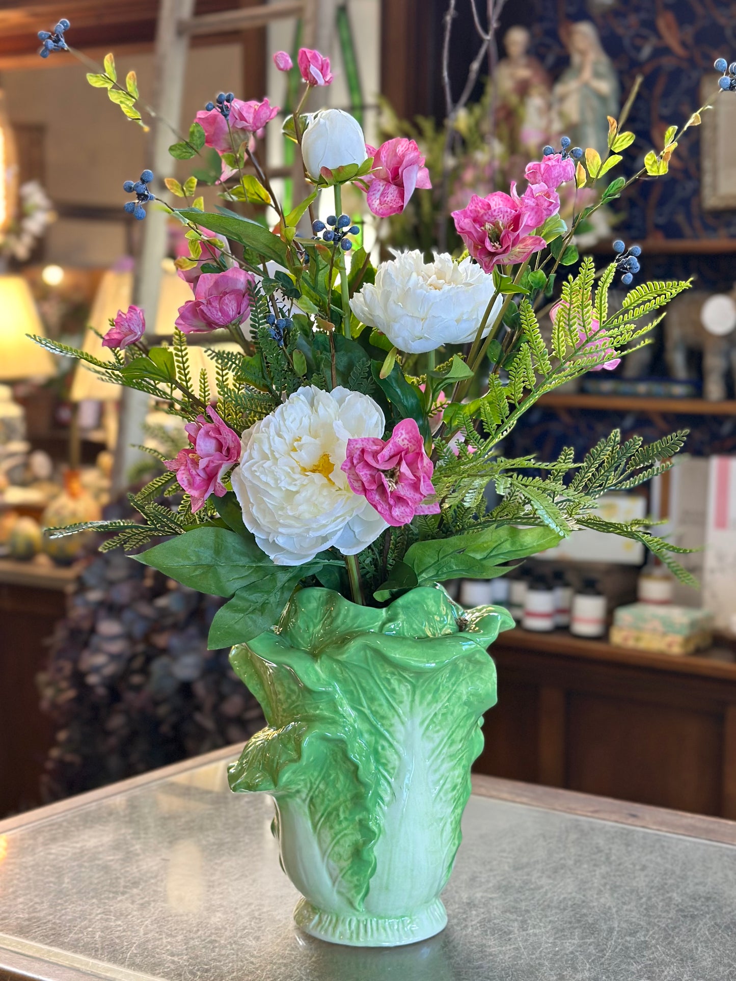 Cabbage Vase w/ Pink Hellebores, Peonies & Wild Berry