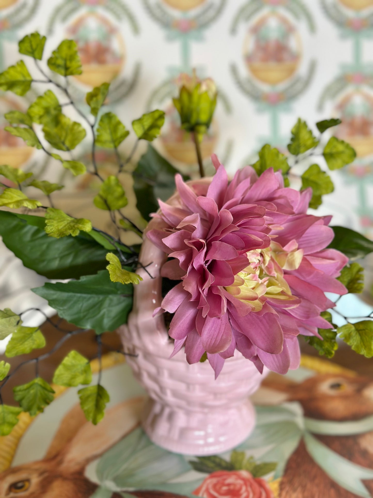 Ceramic Pink Basket with Peony