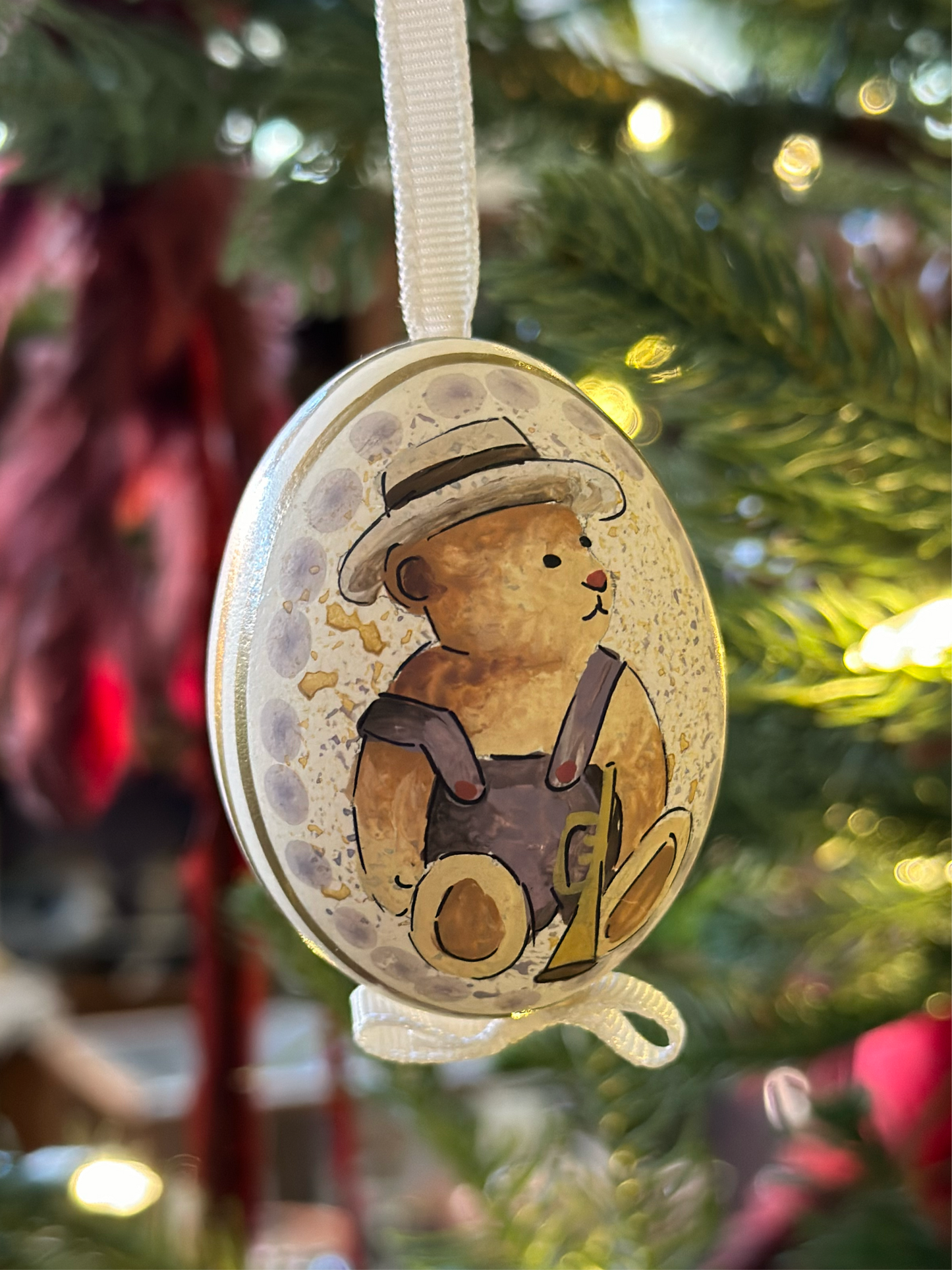 Hand Painted Teddy/Stocking Blown Egg Ornament