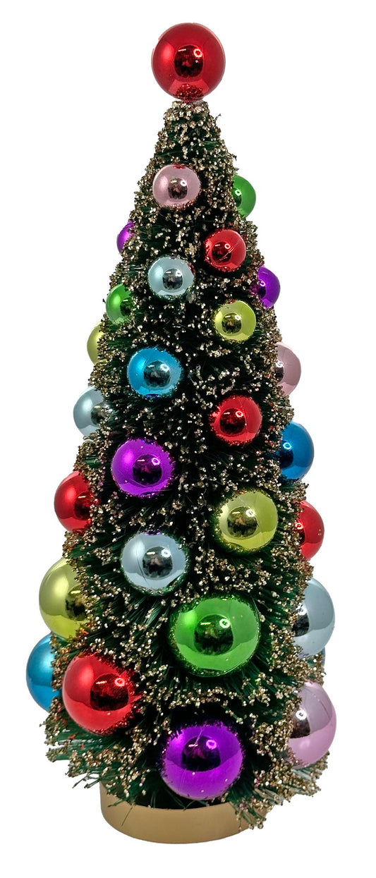 11" Glittered Sisal Tree w/ Multicolored Balls