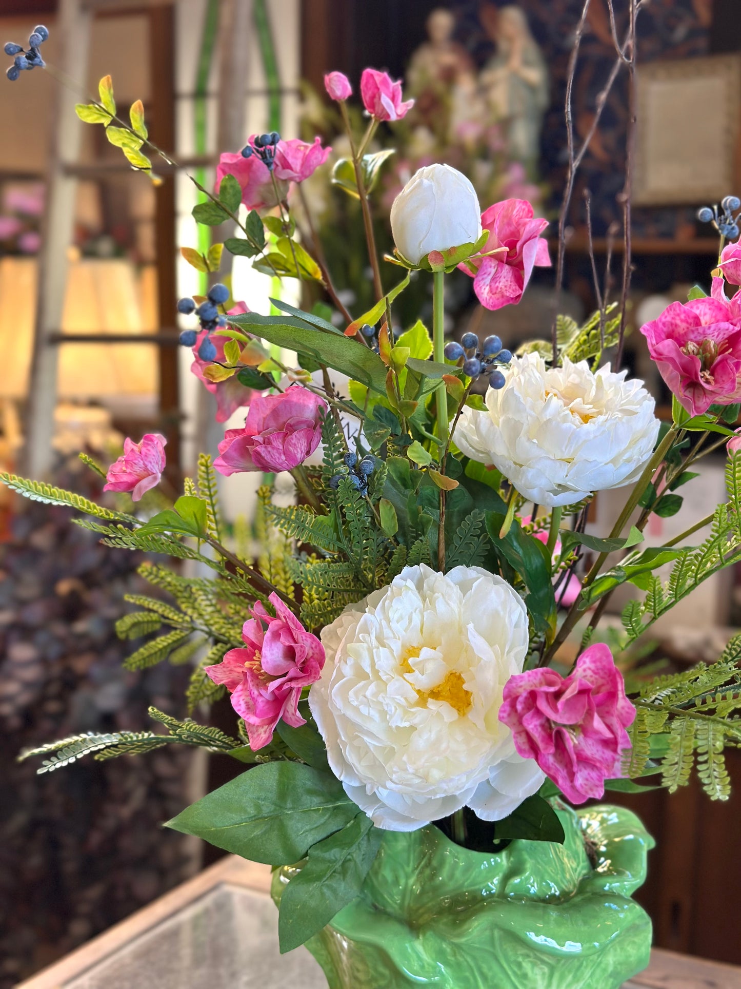 Cabbage Vase w/ Pink Hellebores, Peonies & Wild Berry