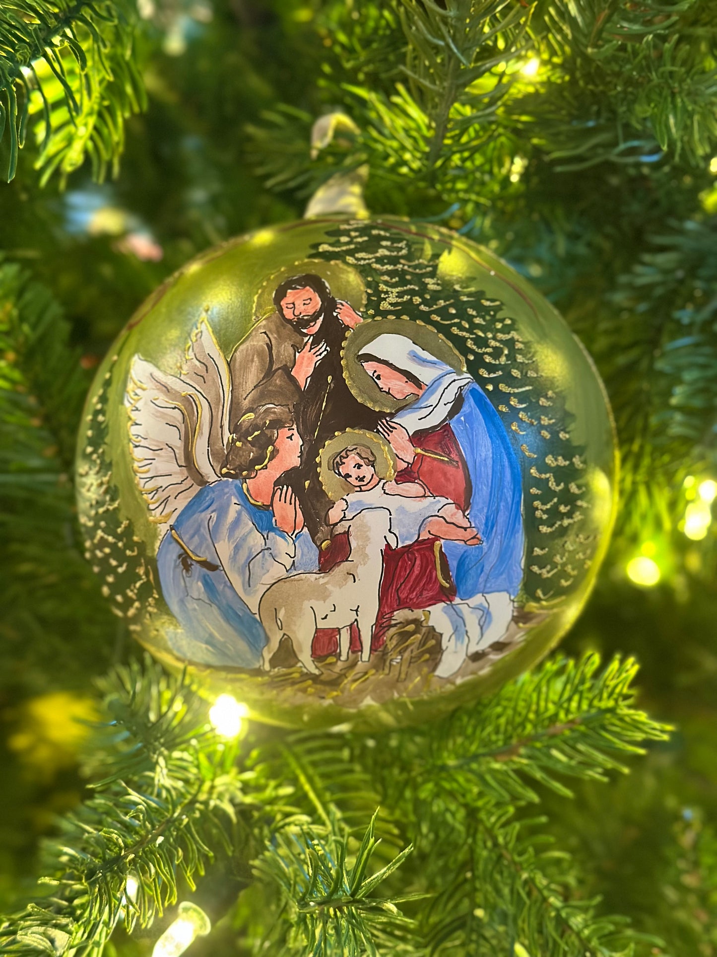 Hand Painted Nativity Scene w/ Angel Ornament