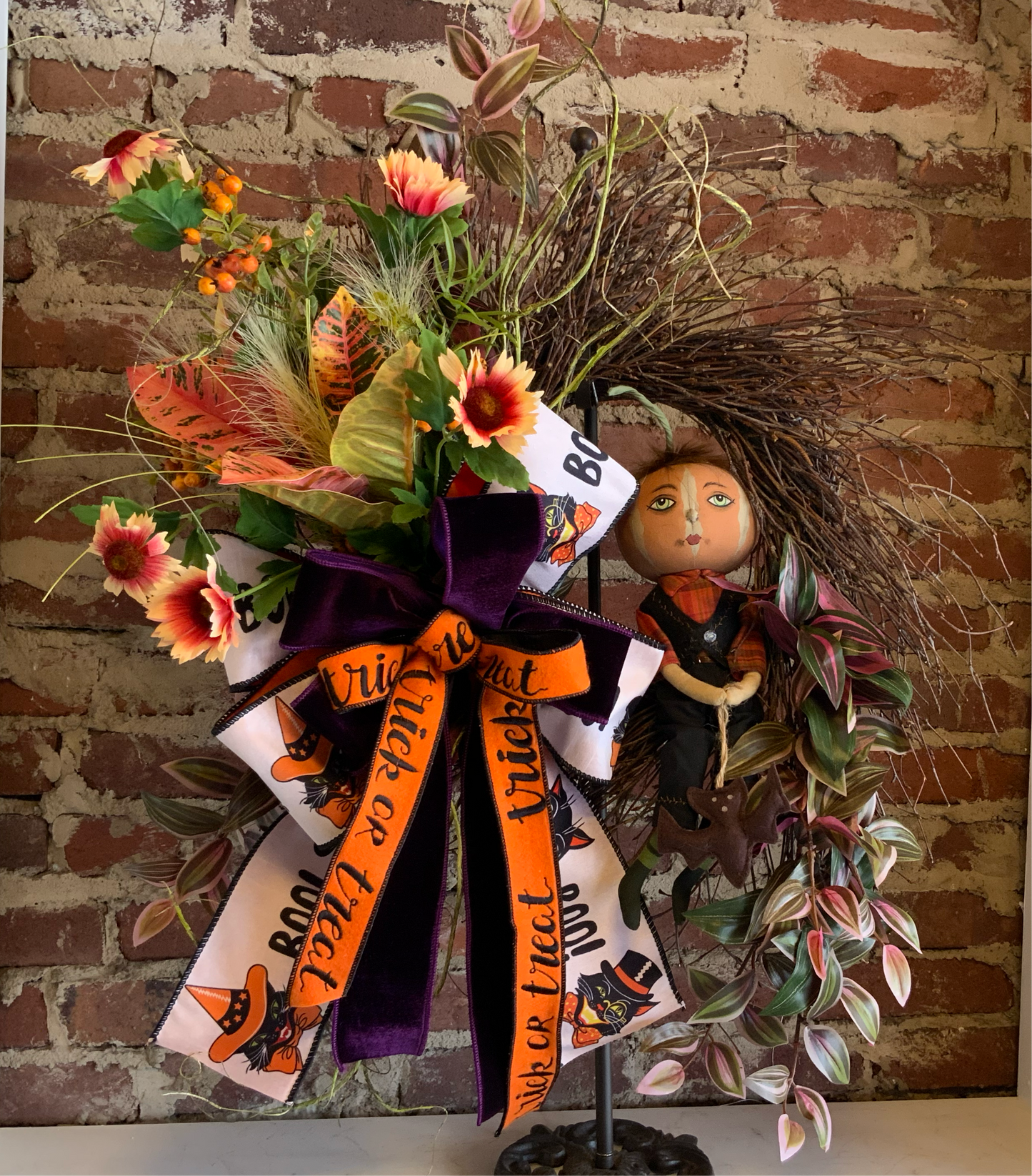 Pumpkin Boy with Bat Wreath