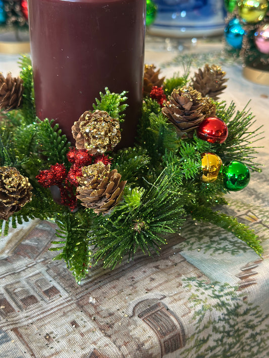 4" Ball Candle Ring- Pine & Glitter Berry