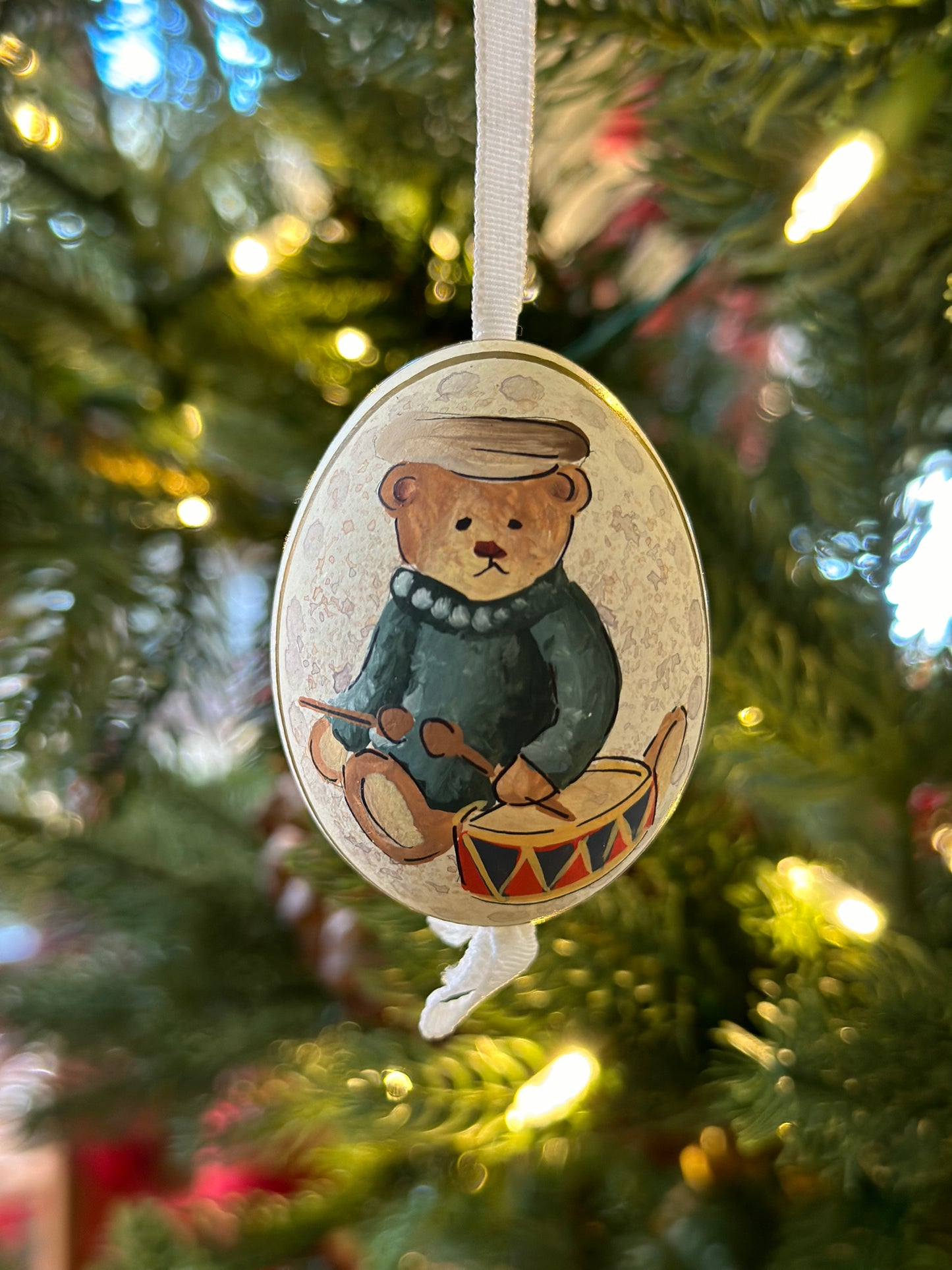 Hand Painted Teddy/Stocking Blown Egg Ornament