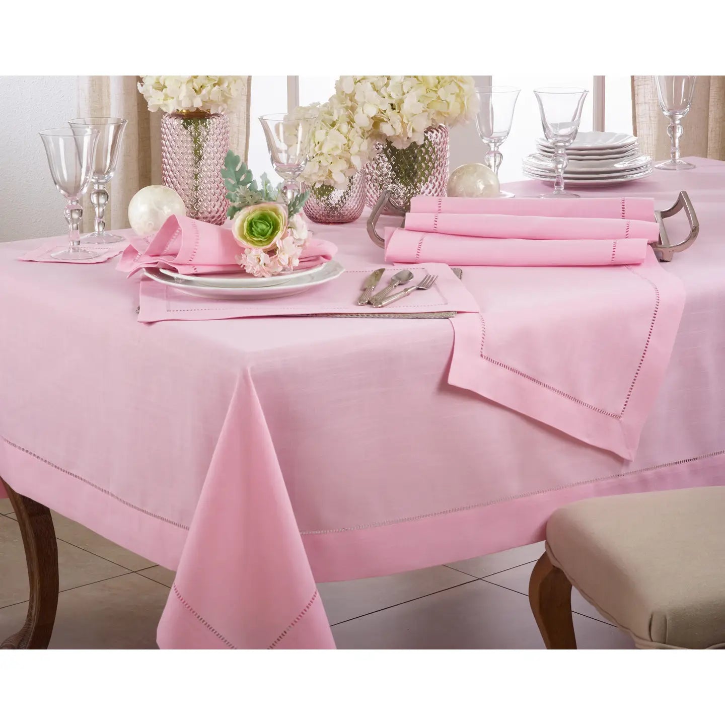 70" x 120" Pink Low-Wrinkle Fabric Tablecloth with Hemstitched Border