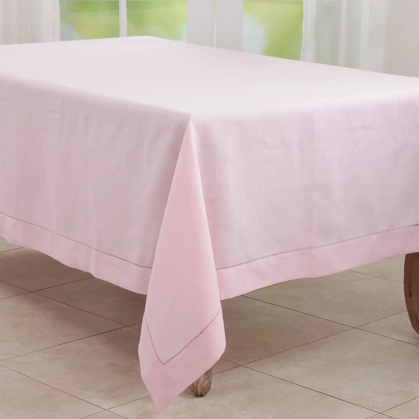 70" x 120" Pink Low-Wrinkle Fabric Tablecloth with Hemstitched Border