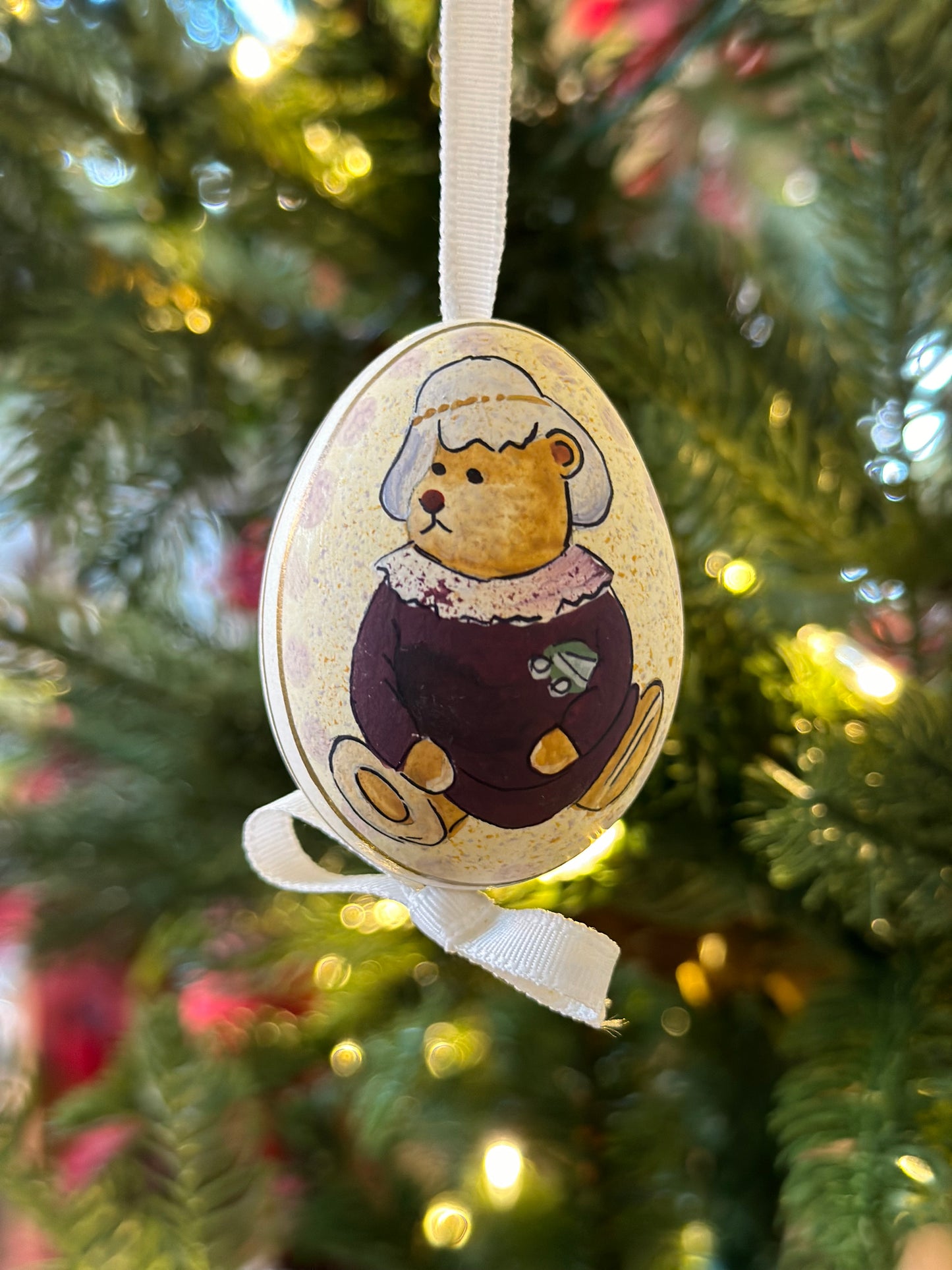 Hand Painted Teddy/Stocking Blown Egg Ornament