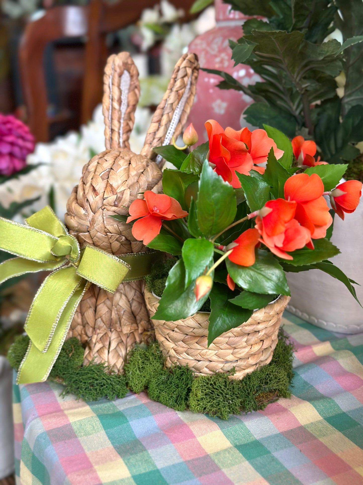 Wicker Bunny and Impatiens Flowers