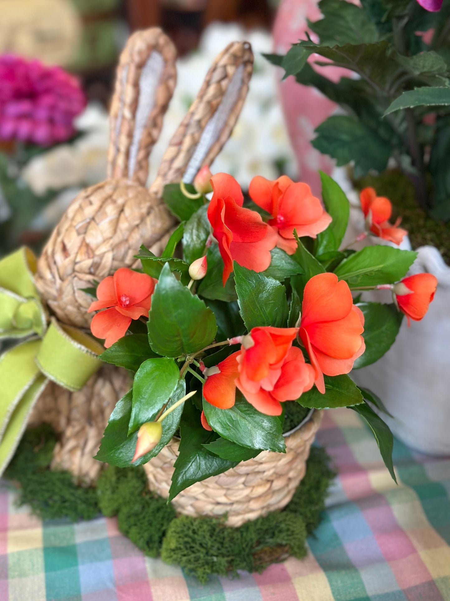 Wicker Bunny and Impatiens Flowers