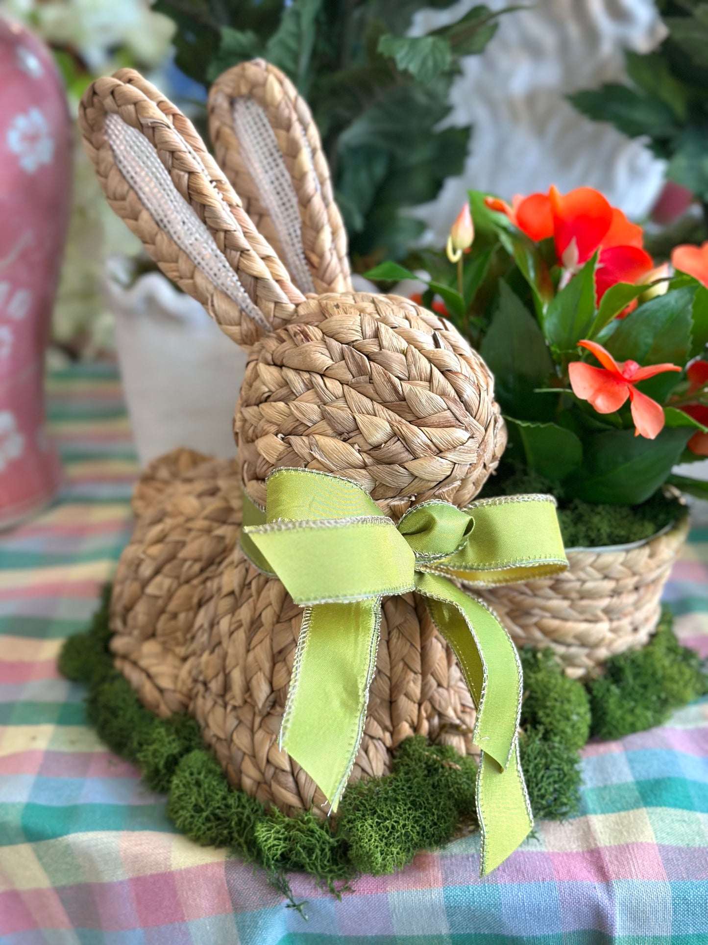 Wicker Bunny and Impatiens Flowers