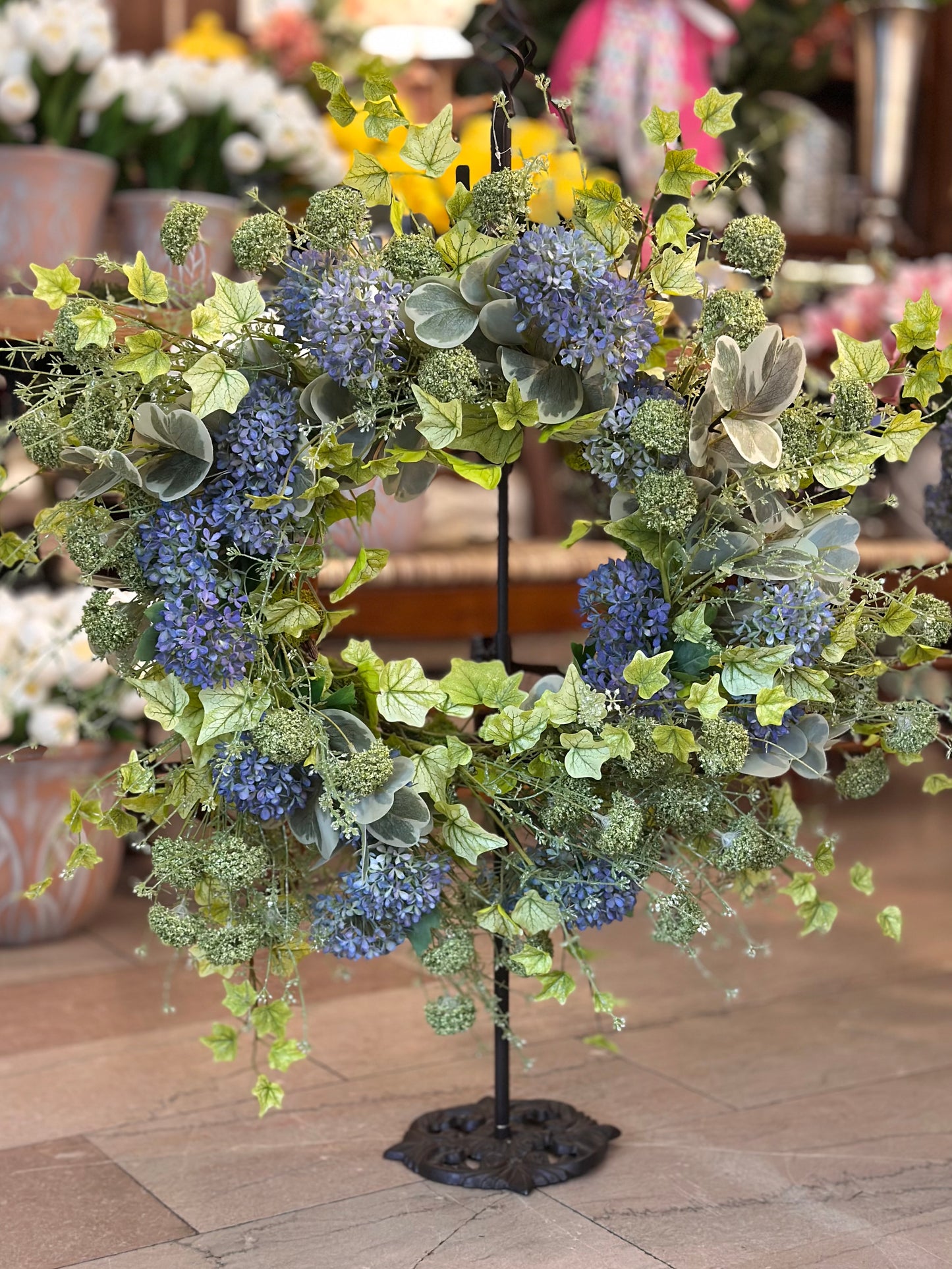 Ivy and Blue Hydrangea Wreath