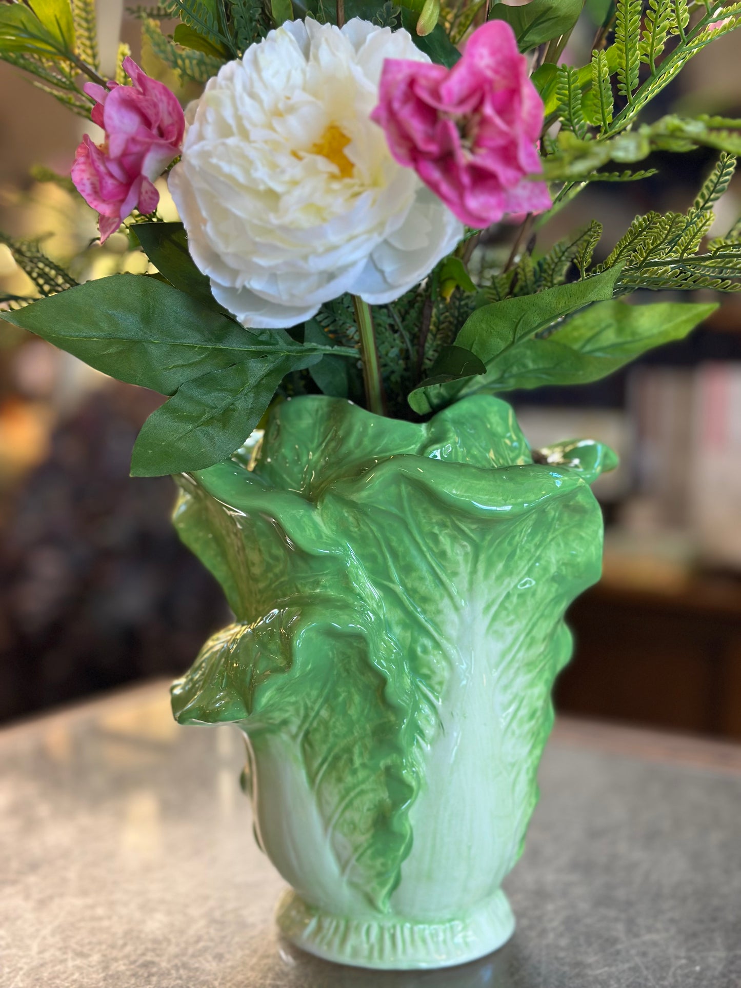 Cabbage Vase w/ Pink Hellebores, Peonies & Wild Berry