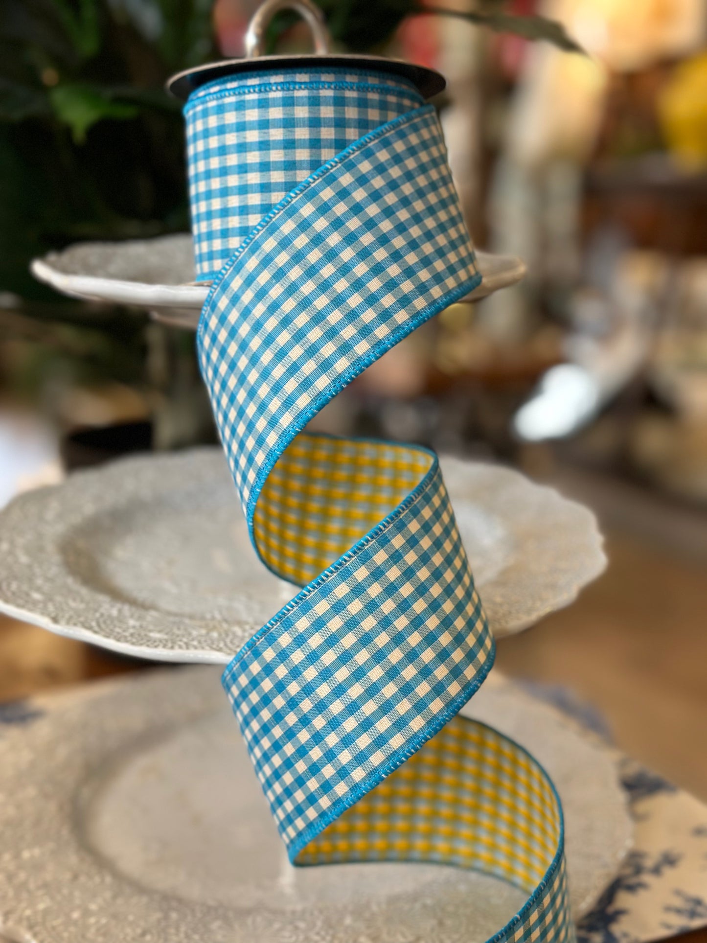 2.5"x10Y poplin gingham, teal blue golden yellow back