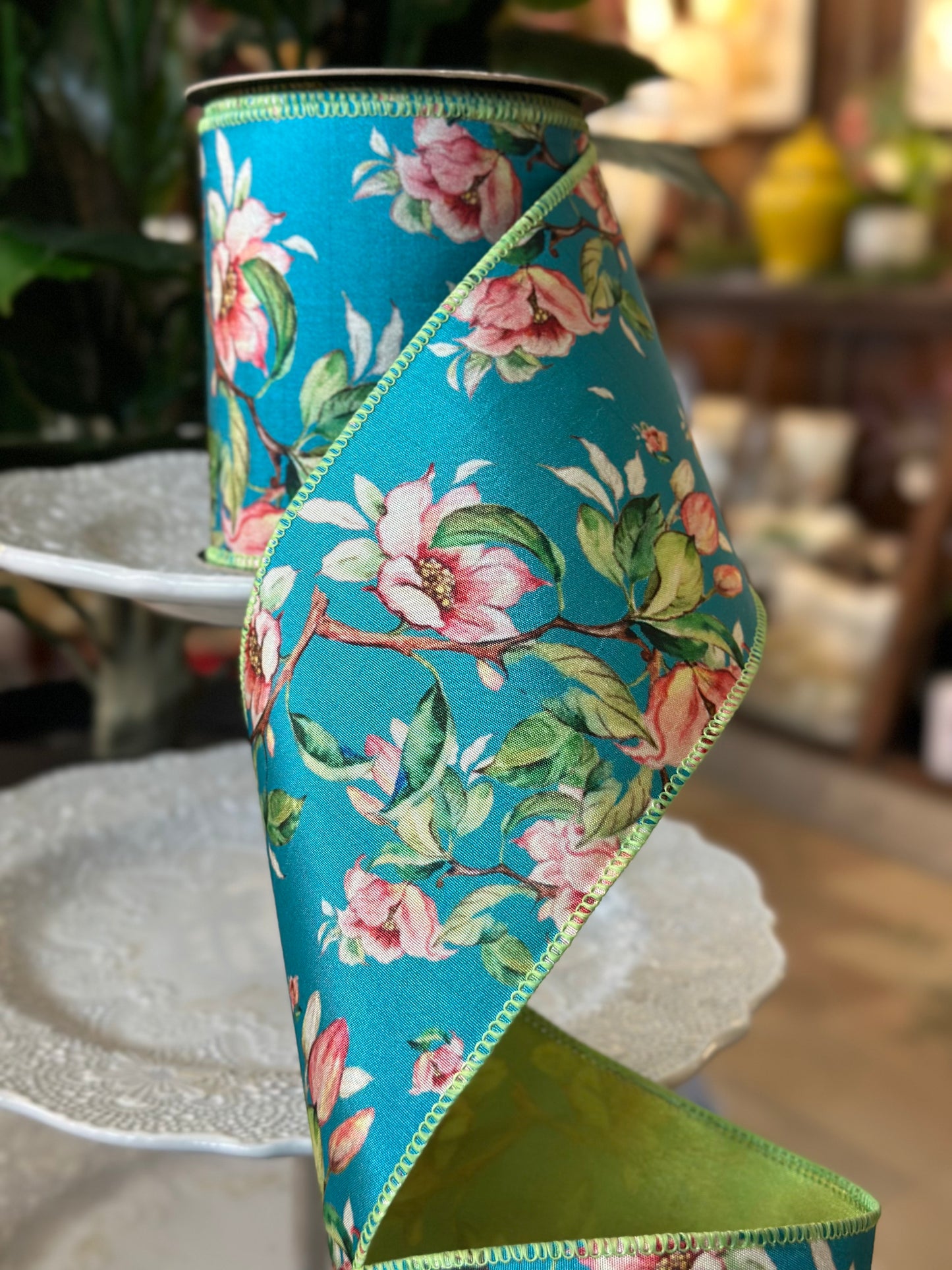 4"x10Y Cherry Blossom, Turquoise Blue Ribbon