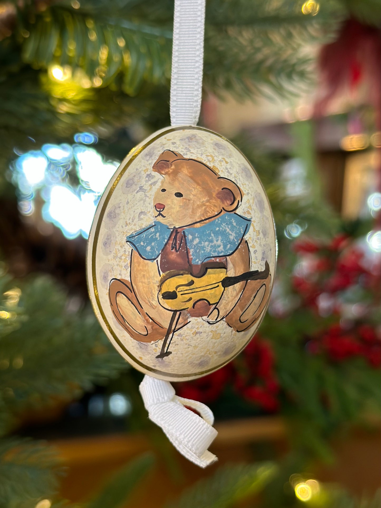 Hand Painted Teddy/Stocking Blown Egg Ornament