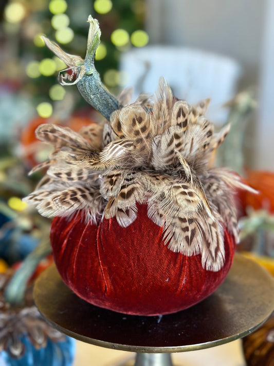 6” Burgundy Velvet Pumpkin with Feather Collar