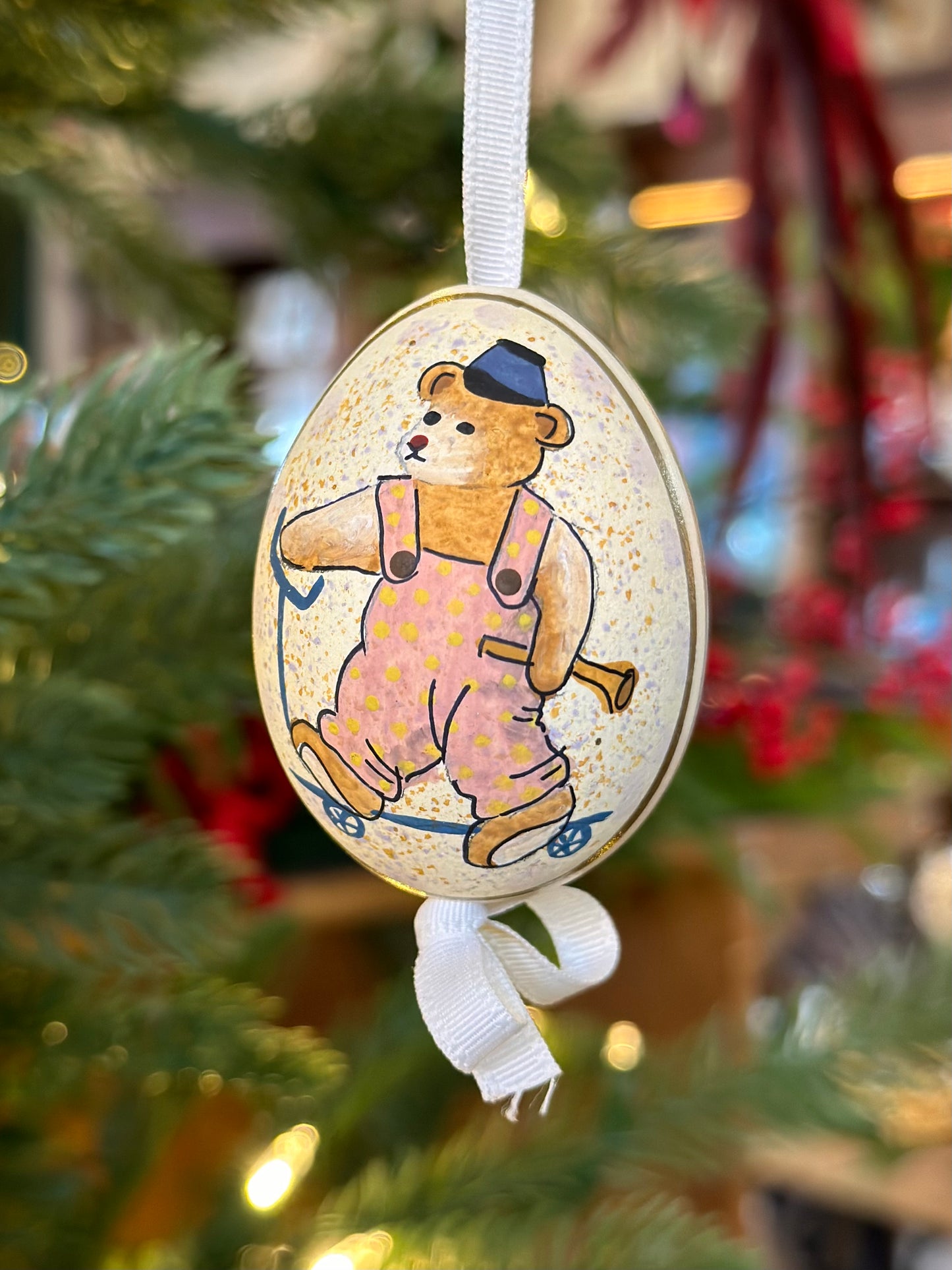 Hand Painted Teddy/Stocking Blown Egg Ornament