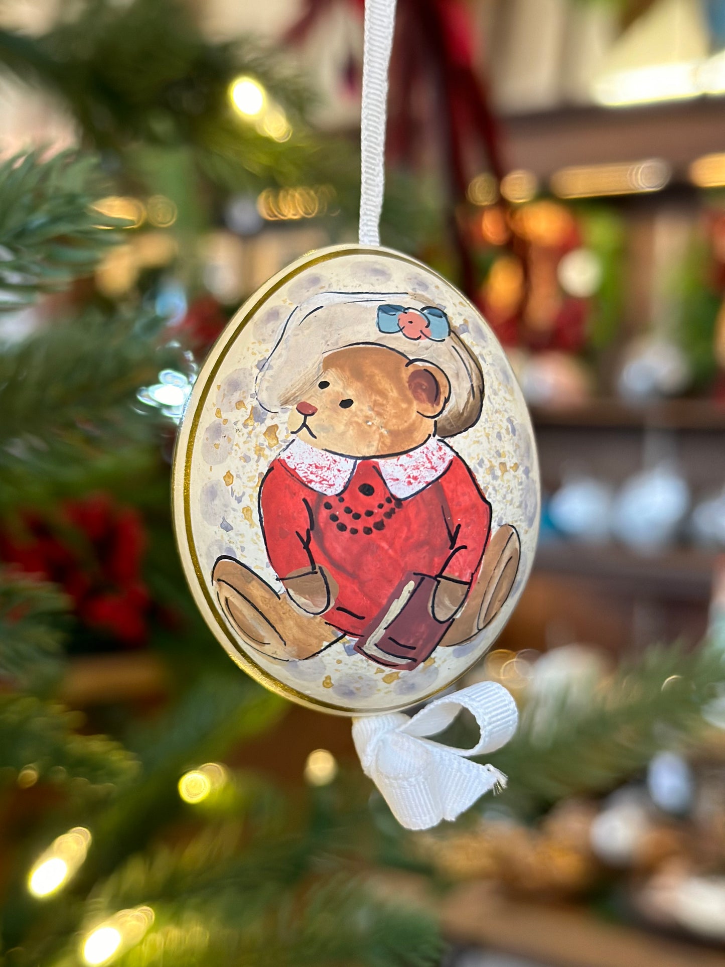 Hand Painted Teddy/Stocking Blown Egg Ornament