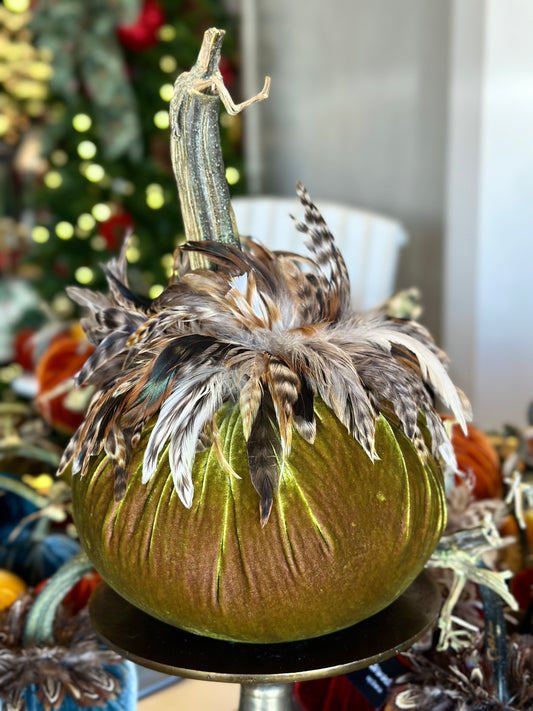 10” Olive Velvet Pumpkin with Feather Collar