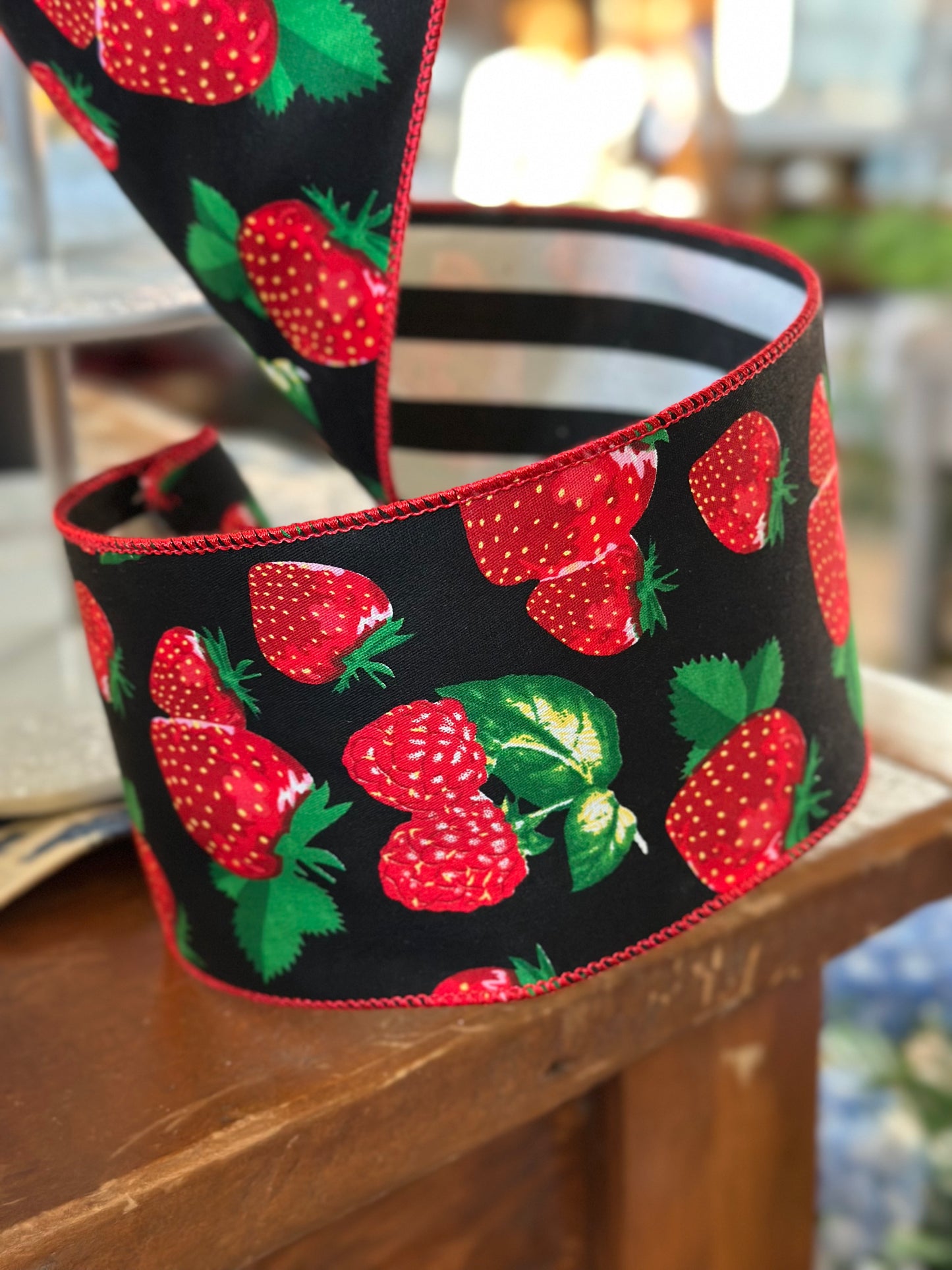 4" Strawberry Ribbon w/Striped Backing