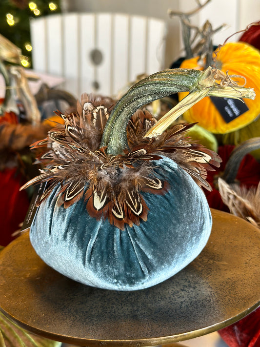 5” Grey Blue Velvet Pumpkin with Feather Collar