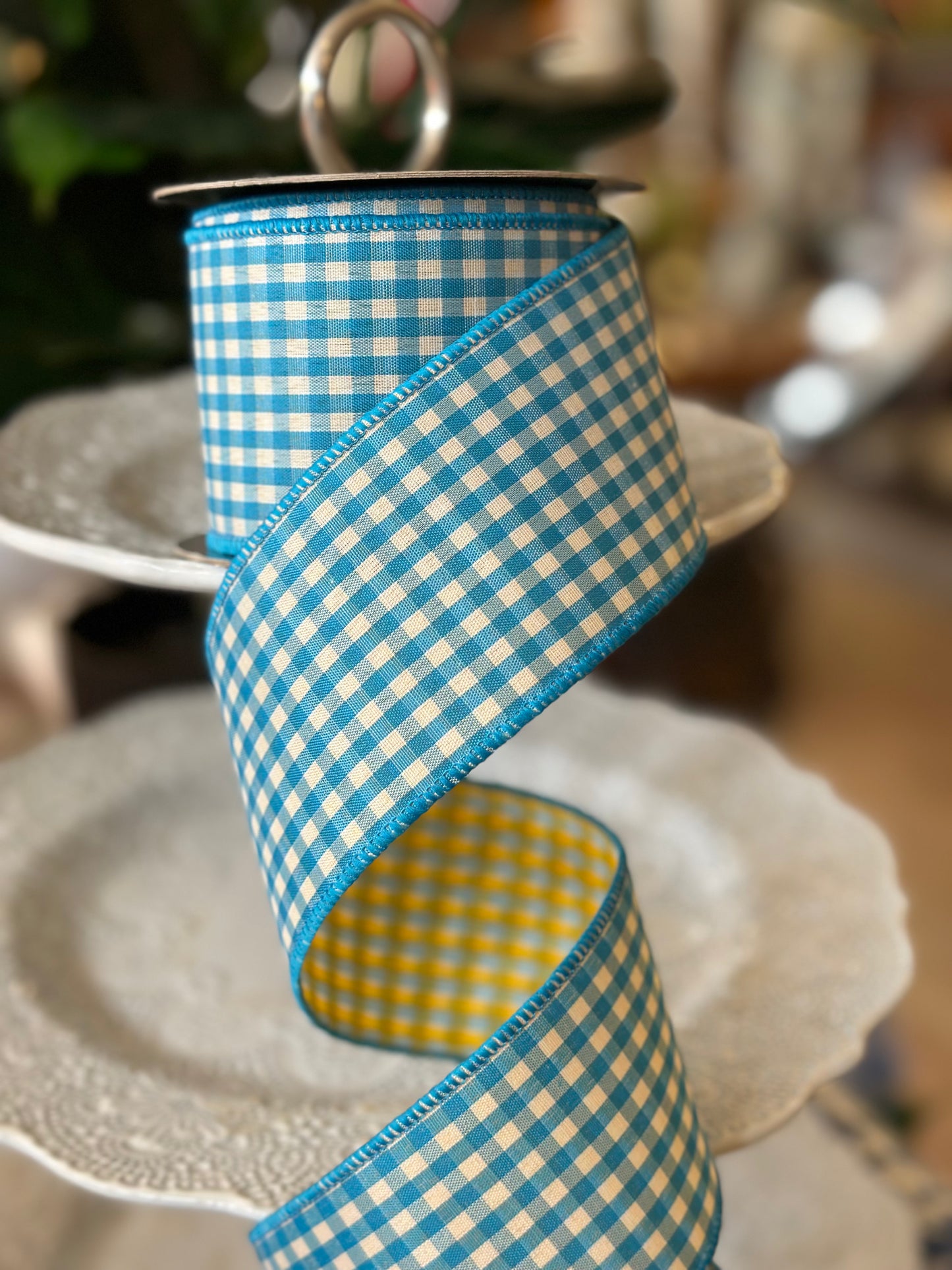 2.5"x10Y poplin gingham, teal blue golden yellow back