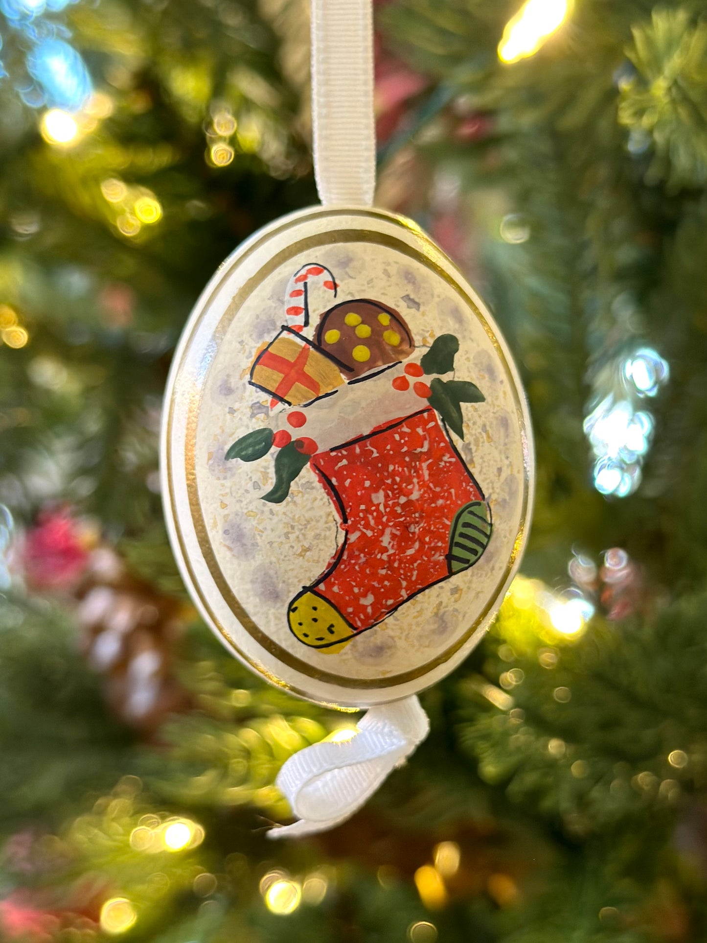 Hand Painted Teddy/Stocking Blown Egg Ornament