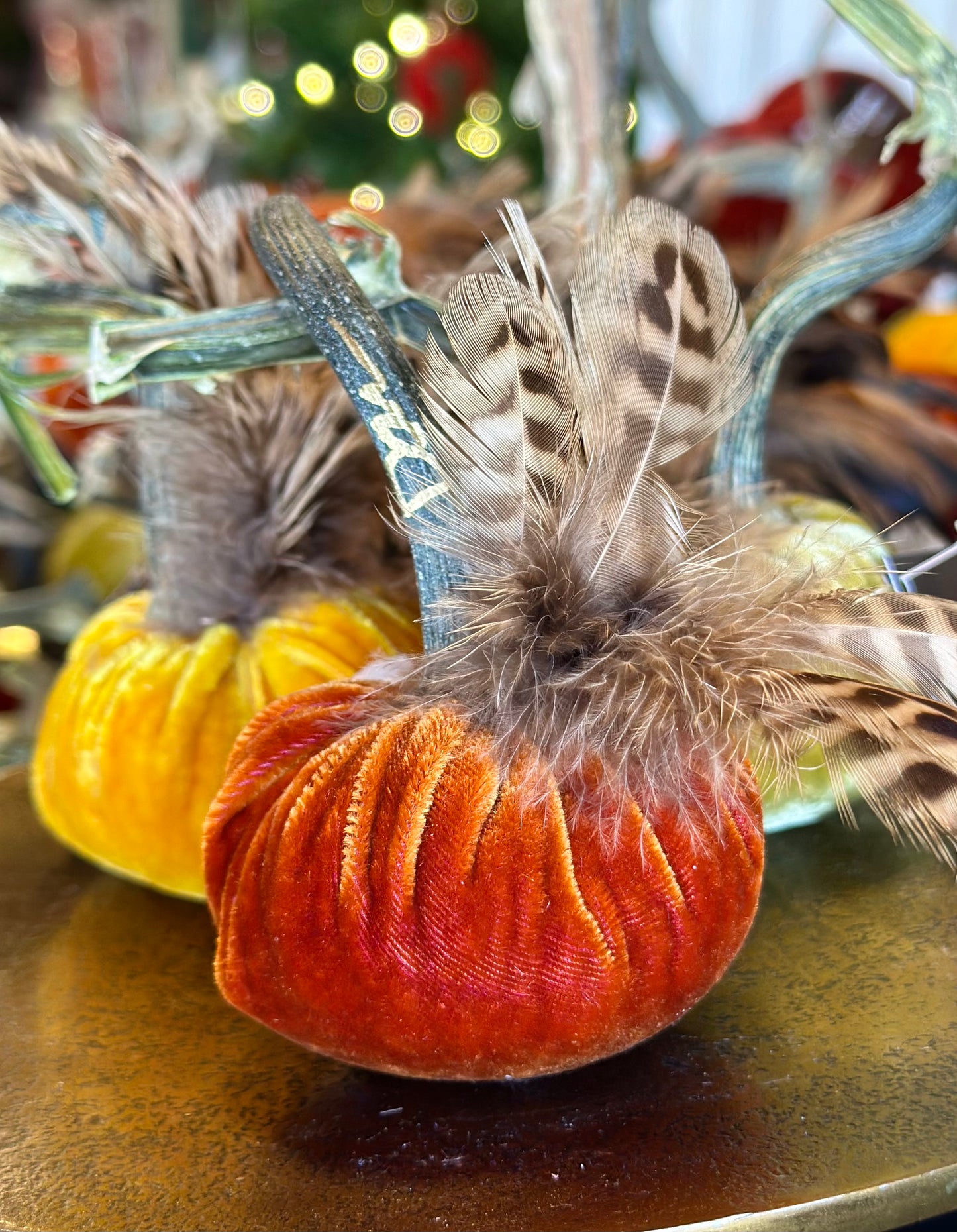 3” Fall Orange Velvet Pumpkin with Feather Plume