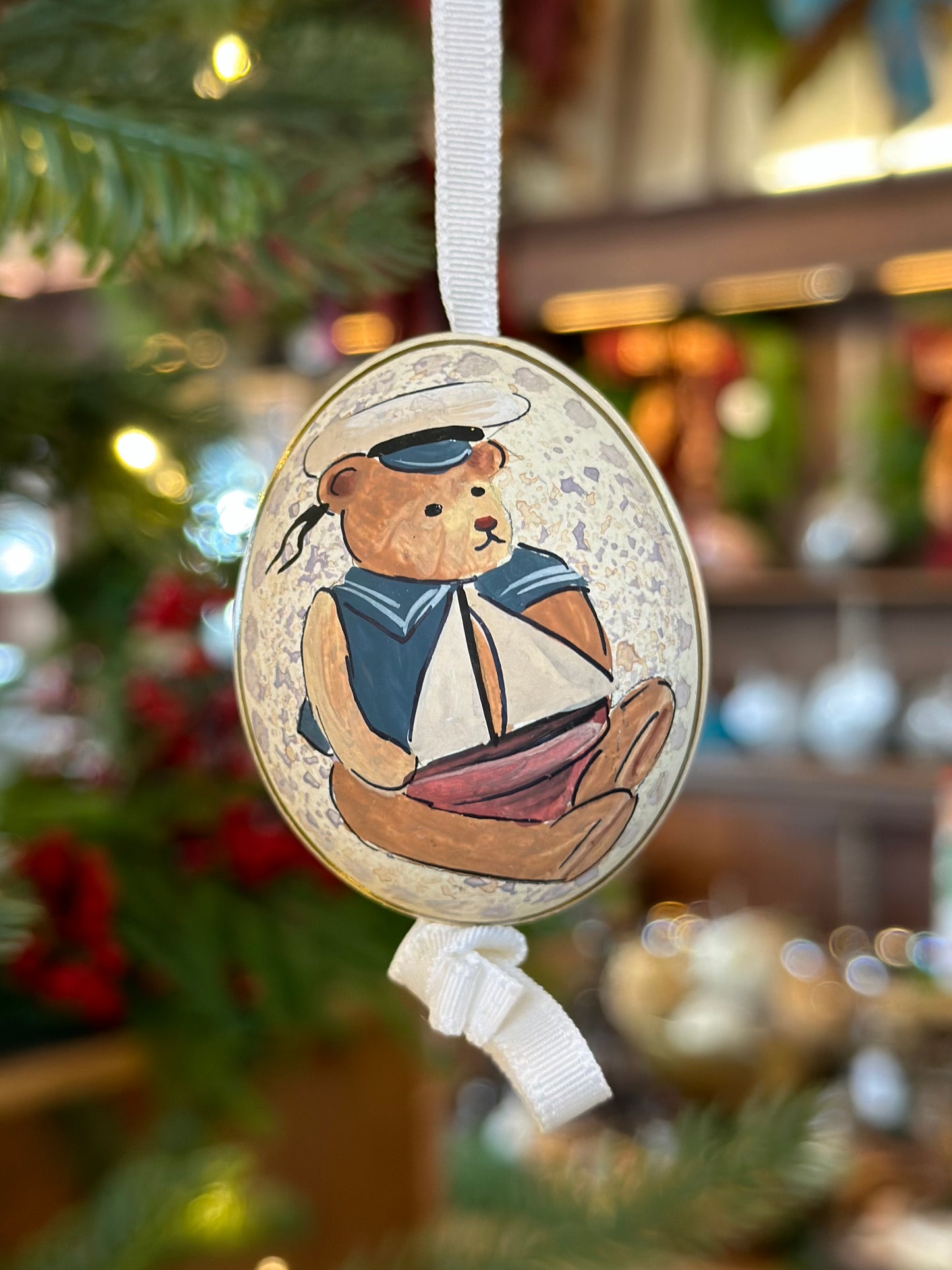 Hand Painted Teddy/Stocking Blown Egg Ornament