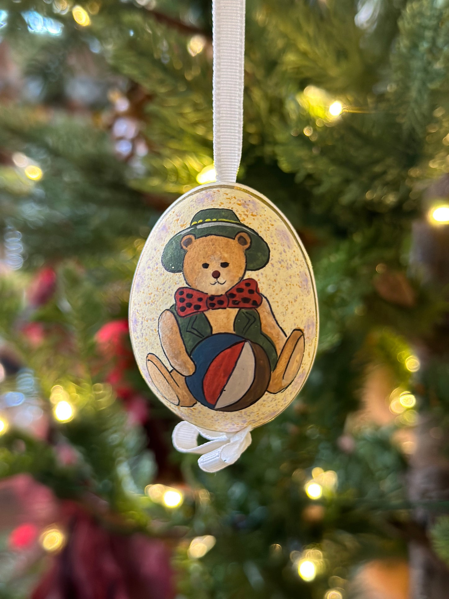 Hand Painted Teddy/Stocking Blown Egg Ornament