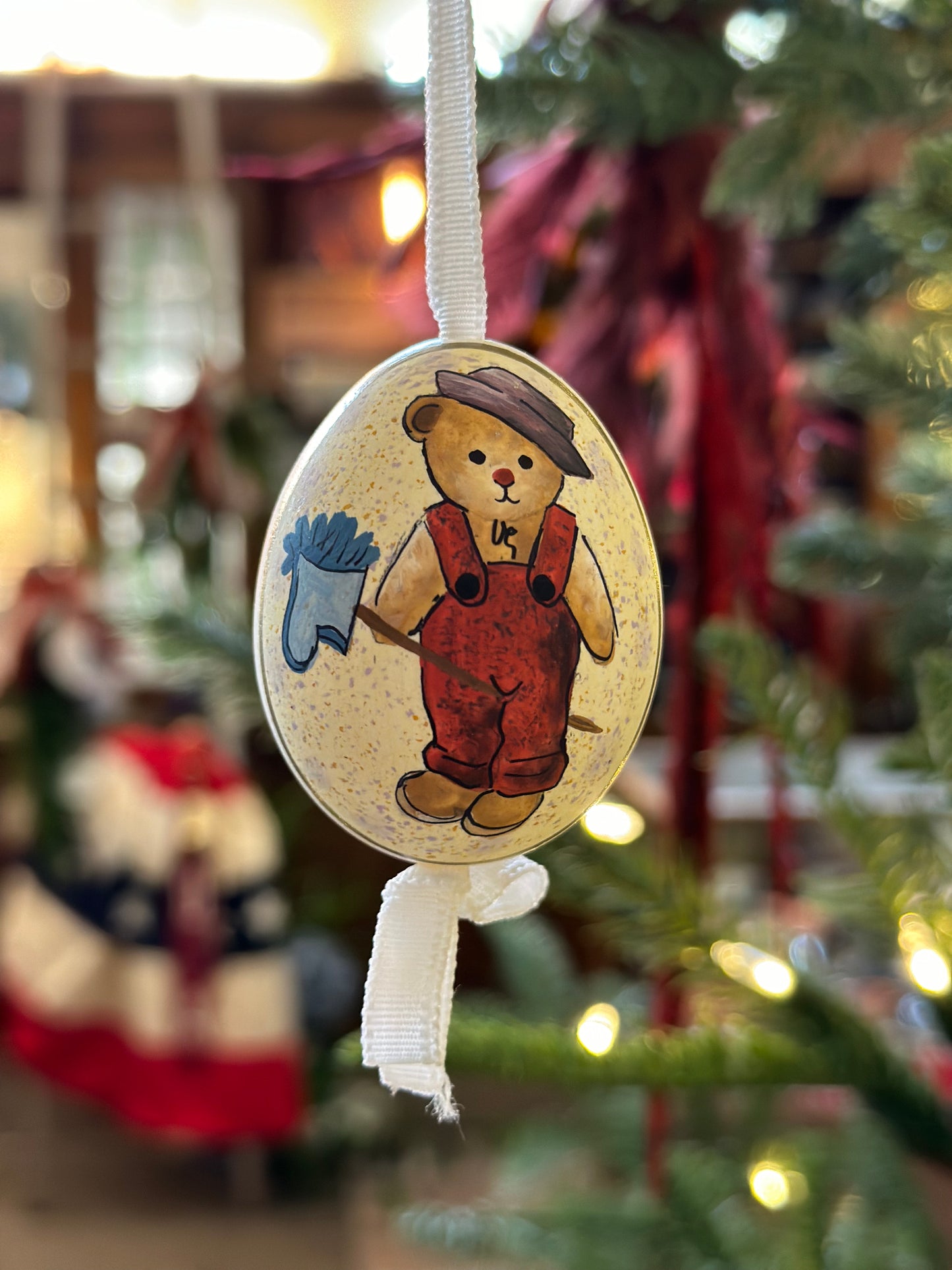 Hand Painted Teddy/Stocking Blown Egg Ornament