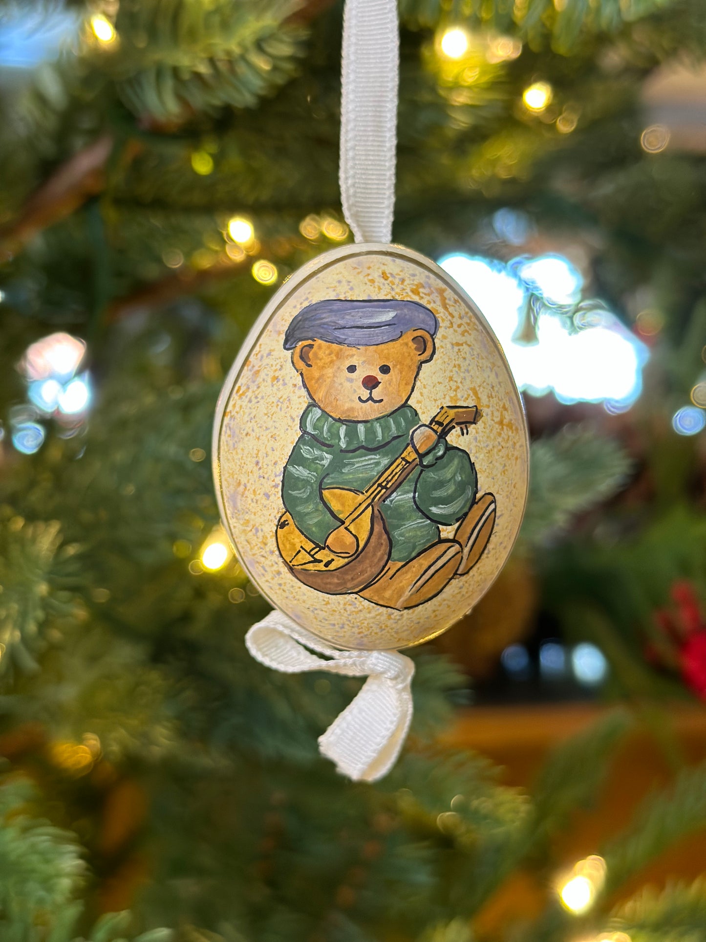 Hand Painted Teddy/Stocking Blown Egg Ornament