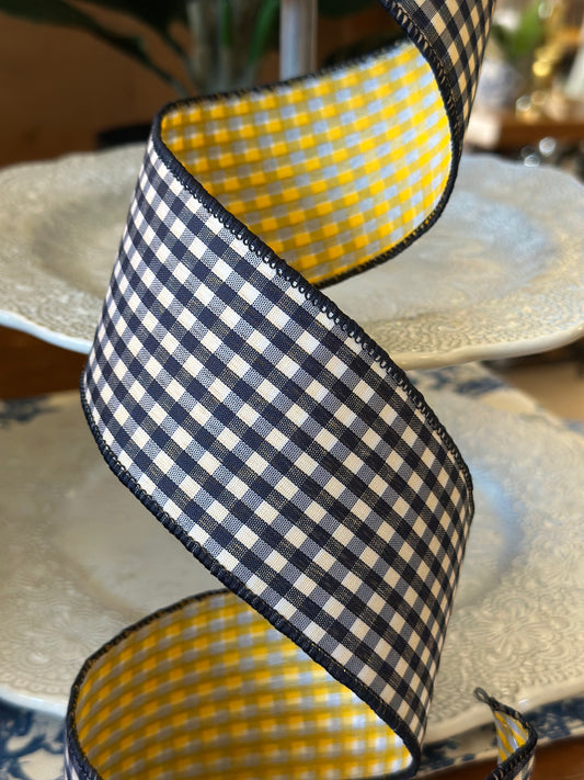 2.5"x10yrds poplin gingham, navy blue/golden yellow