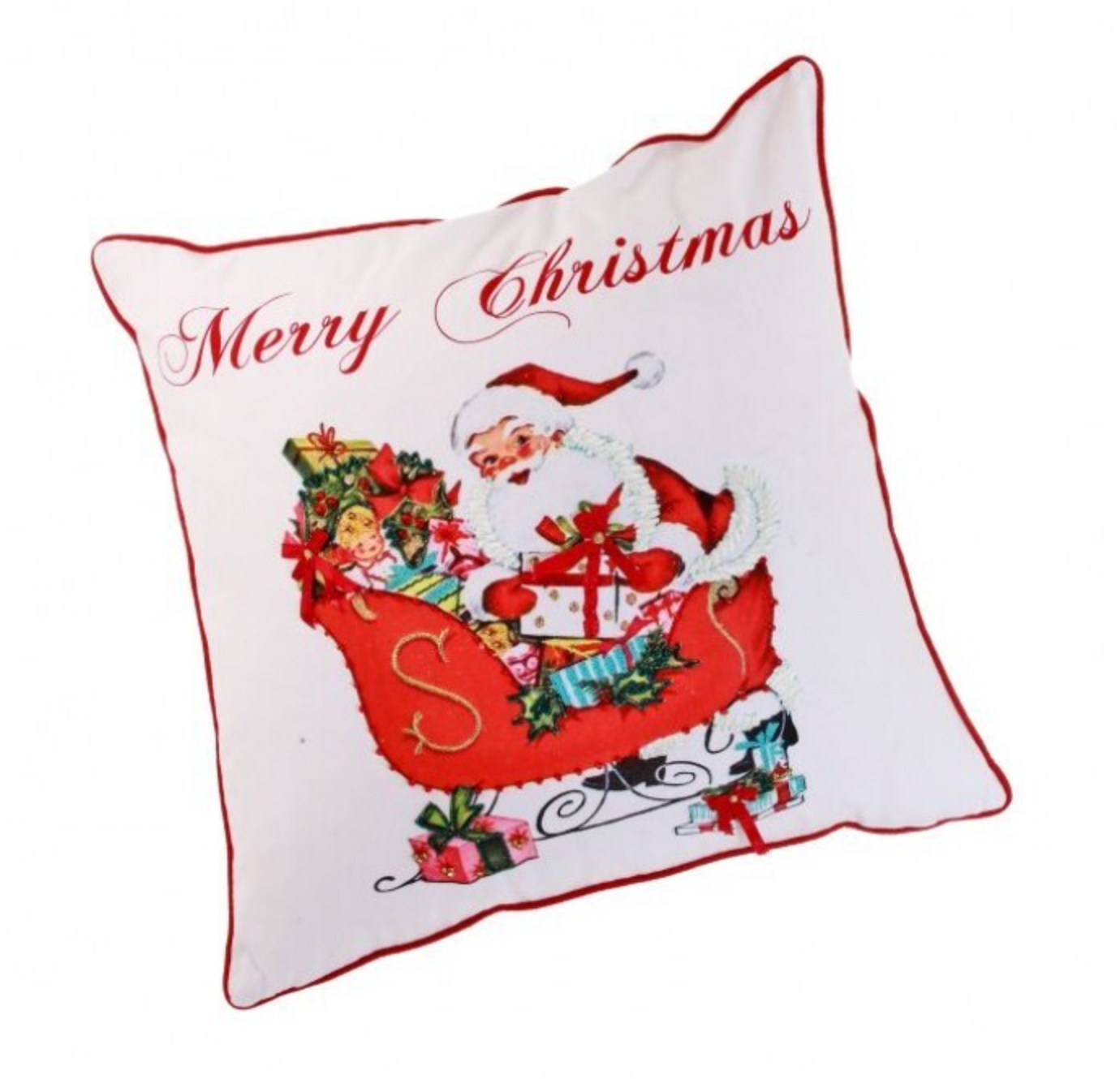 18"x18" Fabric Santa w/Sleigh Pillow