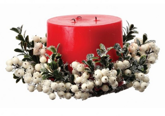 10" Iced Berry Boxwood Candle Ring- Frosted White