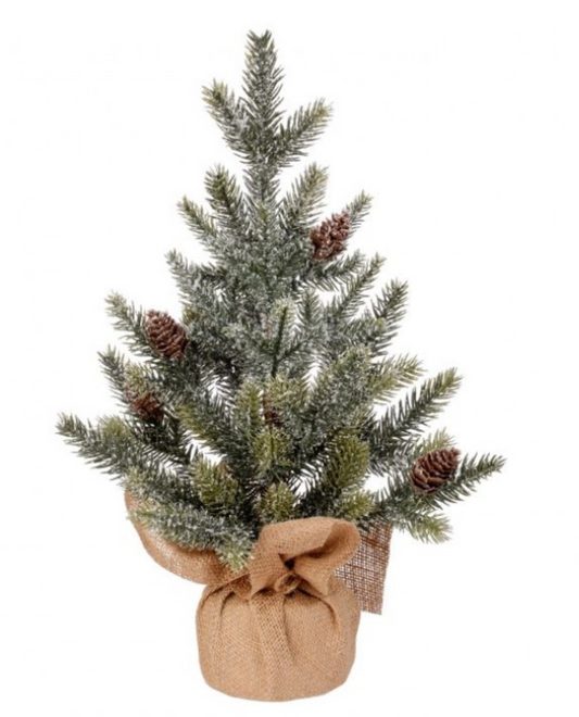 16" FAUX SNOW FROST PINE TREE IN BURLAP