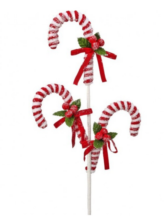 26" Candy Cane w/ PomPom Holly Spray