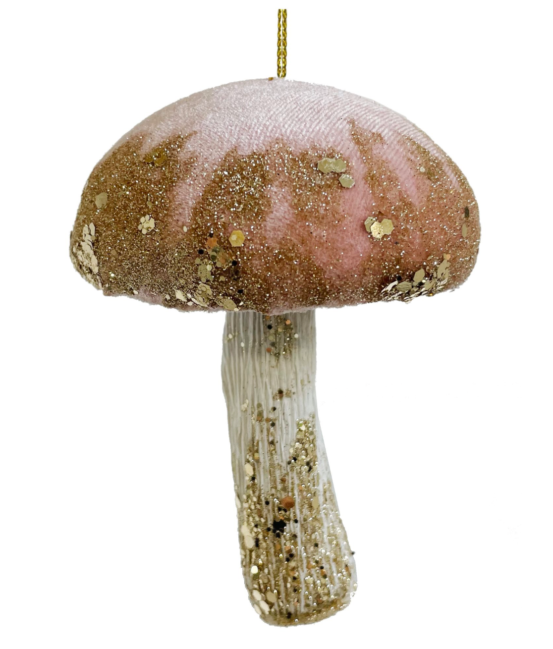 10" Velvet Mushroom Ornament- Pink w/ Gold Glitter