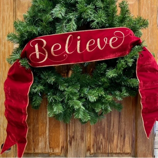 6" x 70" Velvet Embroidery Believe Banner, Red