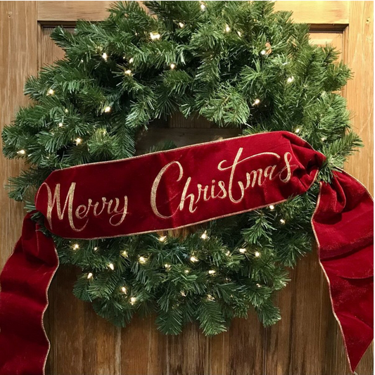 6" x 70" Velvet Embroidery Merry Christmas Banner, Red